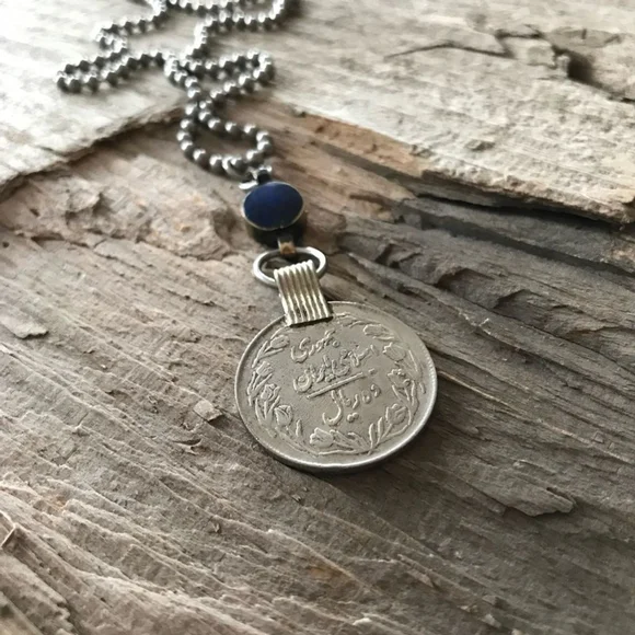 Rustic Lapis Lazuli Ethnic Coin Charm Necklace - 30 Inch Chain - Picture 3 of 12